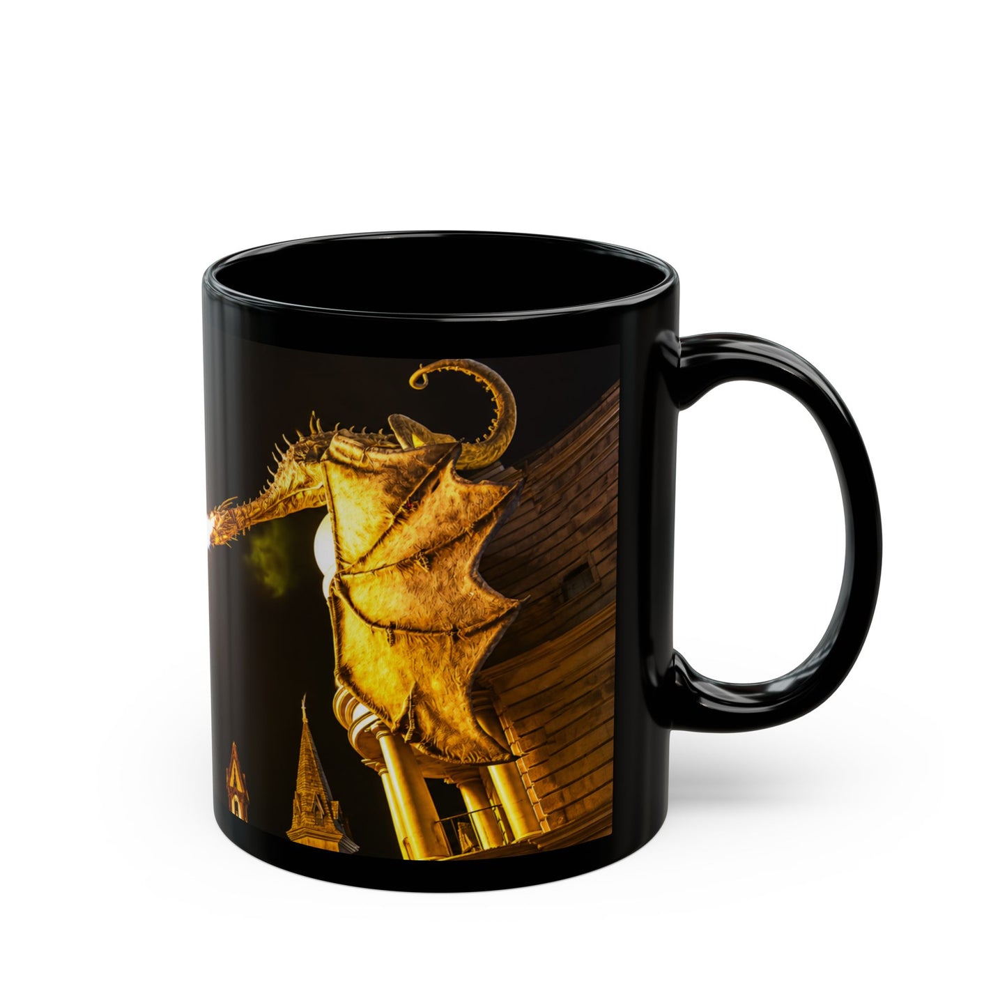 Golden Dragon Fire-Breathing Black Mug — Fantasy Castle Coffee Cup