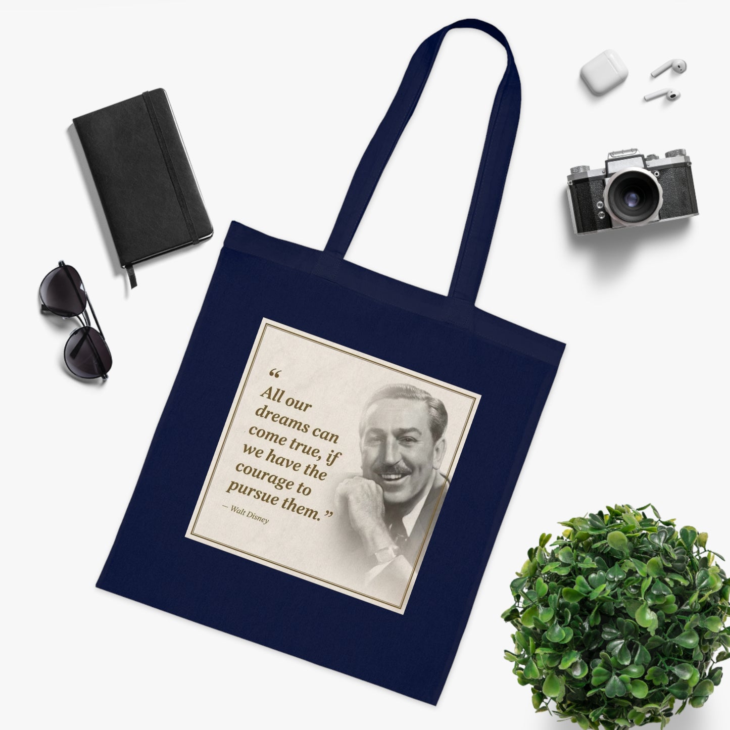 Walt Disney Quote Cotton Tote — "All our dreams can come true" Inspirational Canvas Bag