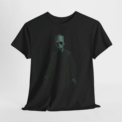 Alien Shadow Graphic Tee — Neon Green Sci‑Fi Skeleton Design