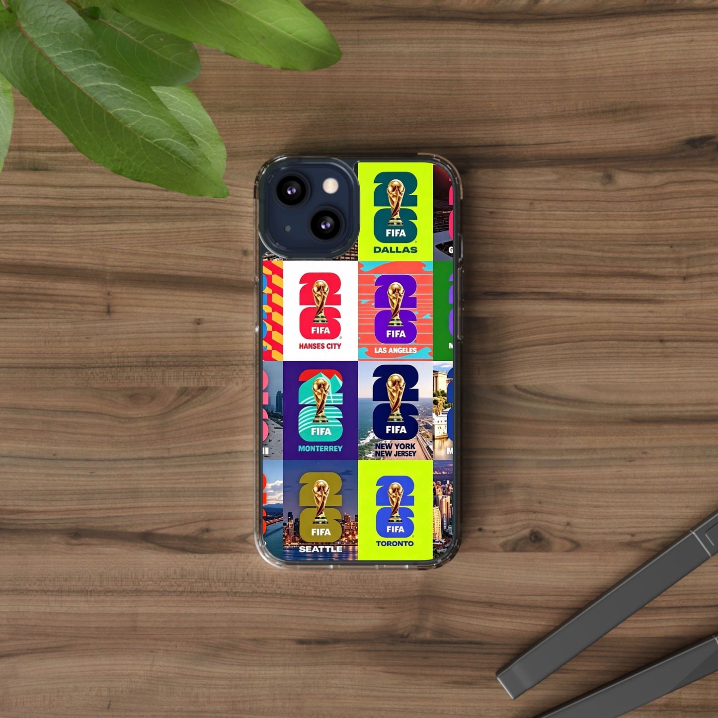 FIFA World Cup Pop Art Clear Phone Case — City Badge Collage (Dallas, LA, Monterrey, Toronto, Seattle)