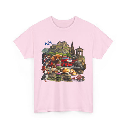 Scotland / Edinburgh Travel Collage T-Shirt — Edinburgh Castle, Bagpipes & Local Icons