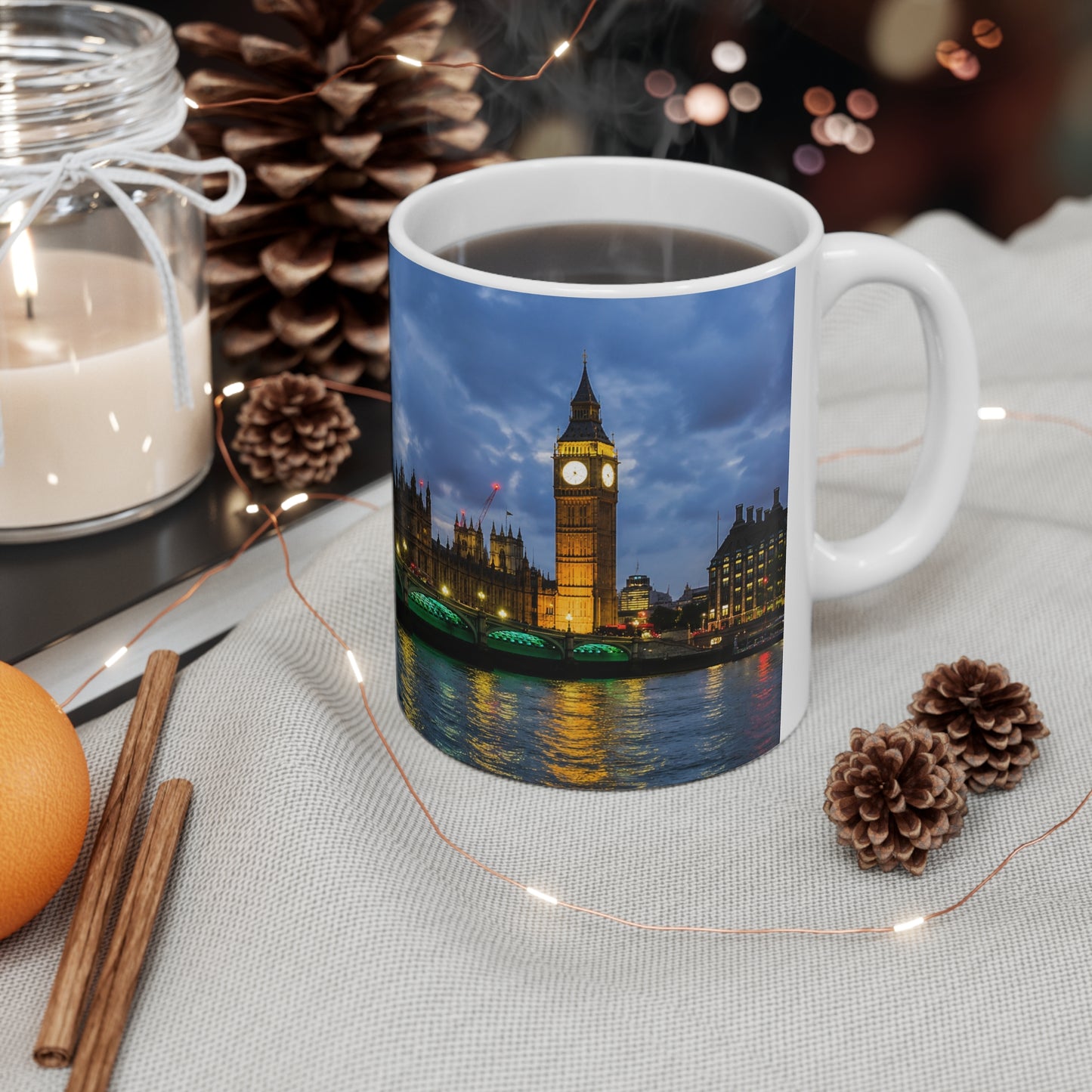 London Night Skyline Mug — Houses of Parliament & Westminster Bridge Ceramic Coffee Cup