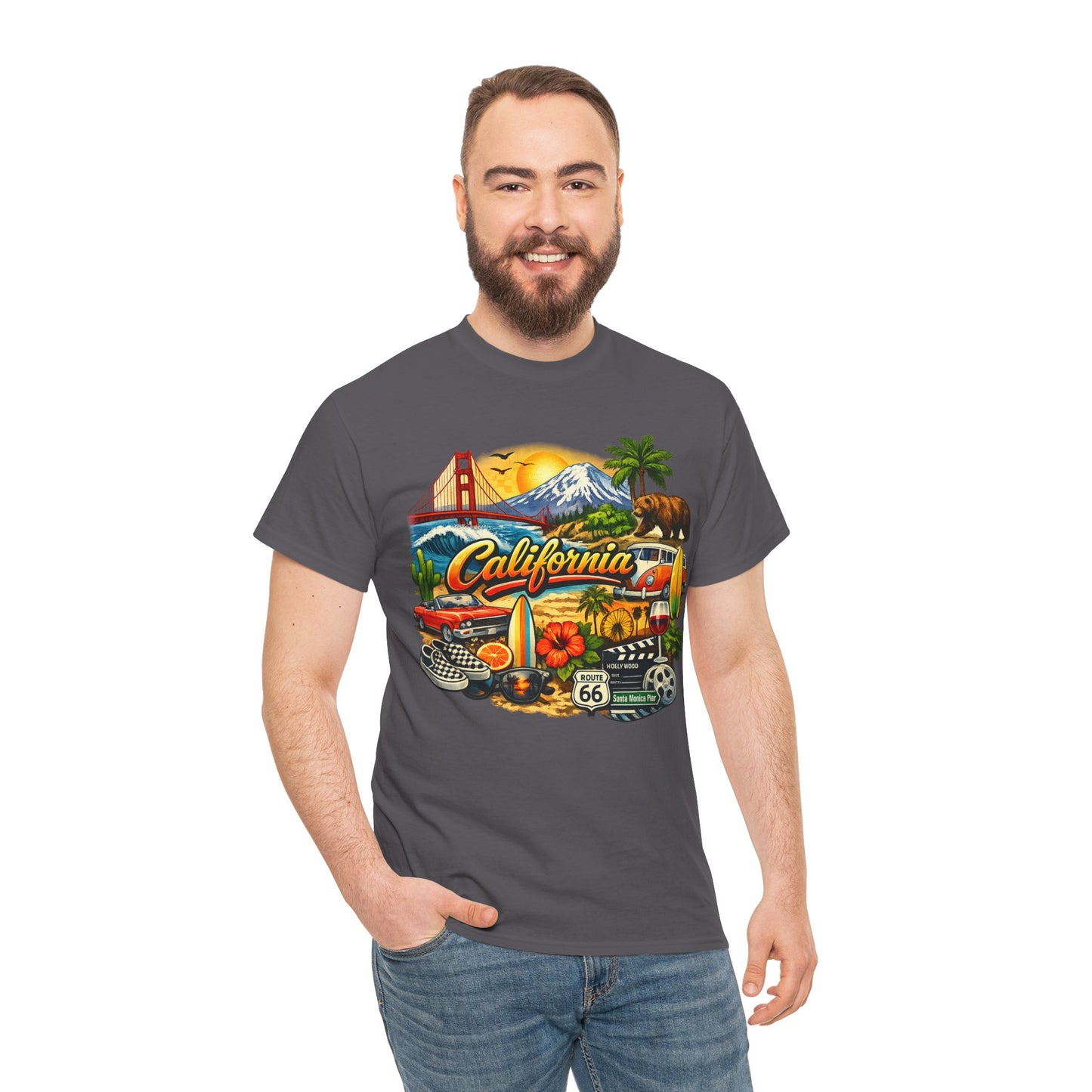 California Vintage Travel T-Shirt — Golden Gate, Palm Trees & Route 66 Tee