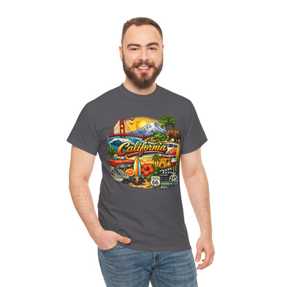 California Vintage Travel T-Shirt — Golden Gate, Palm Trees & Route 66 Tee