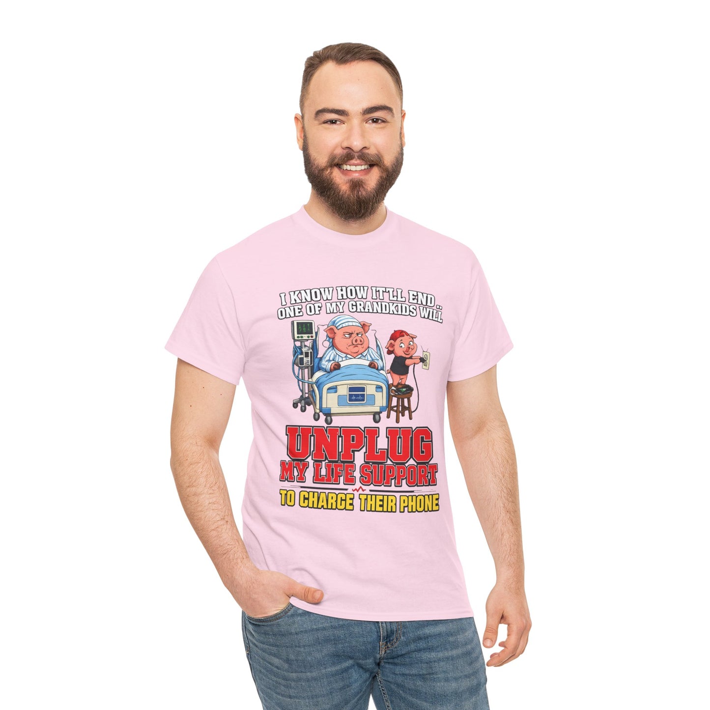 Funny Grandpa T-Shirt - "Unplug My Life Support to Charge Their Phone" Grandpa Humor Tee