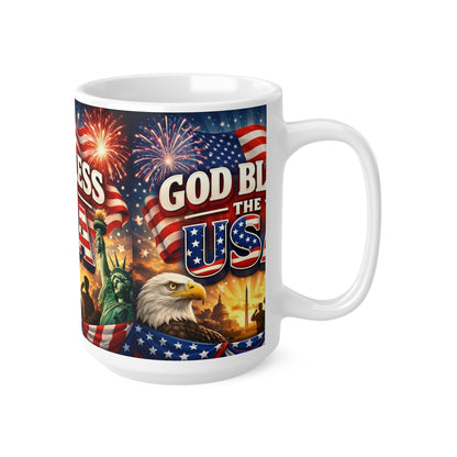 God Bless The USA Ceramic Coffee Mug — Patriotic 11oz/15oz Coffee Cup with Flag, Eagle & Fireworks