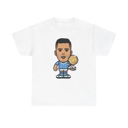 Rodri Manchester City Cartoon Tee — Player Holding Trophy Graphic Shirt