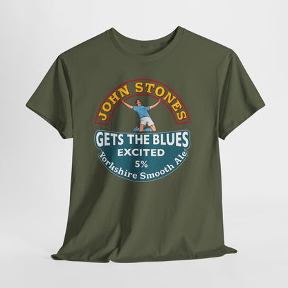 John Stones T-Shirt — "Gets The Blues Excited" Retro Ale Parody Tee