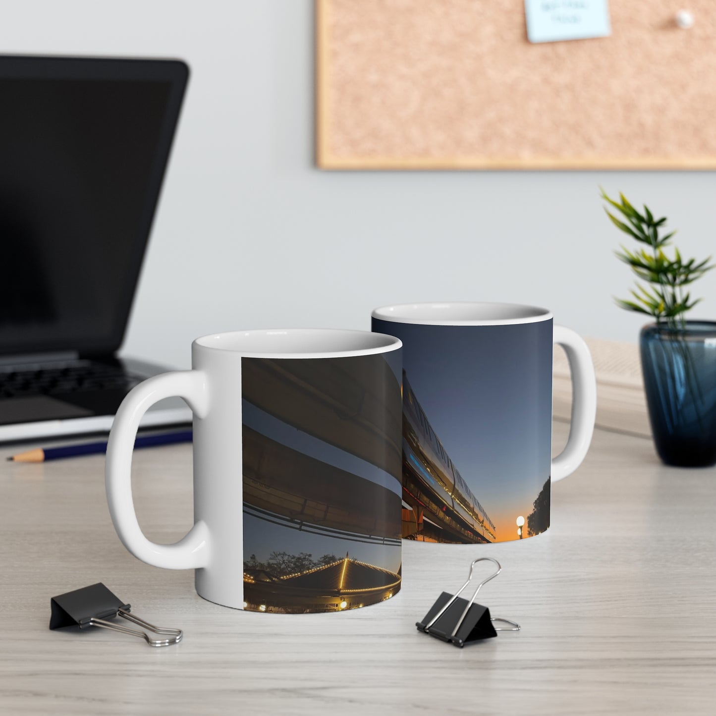 WDW Monorail Nightscape Ceramic Mug — Modern Curved Building Photo (11oz & 15oz)