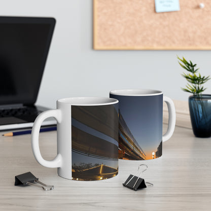 WDW Monorail Nightscape Ceramic Mug — Modern Curved Building Photo (11oz & 15oz)