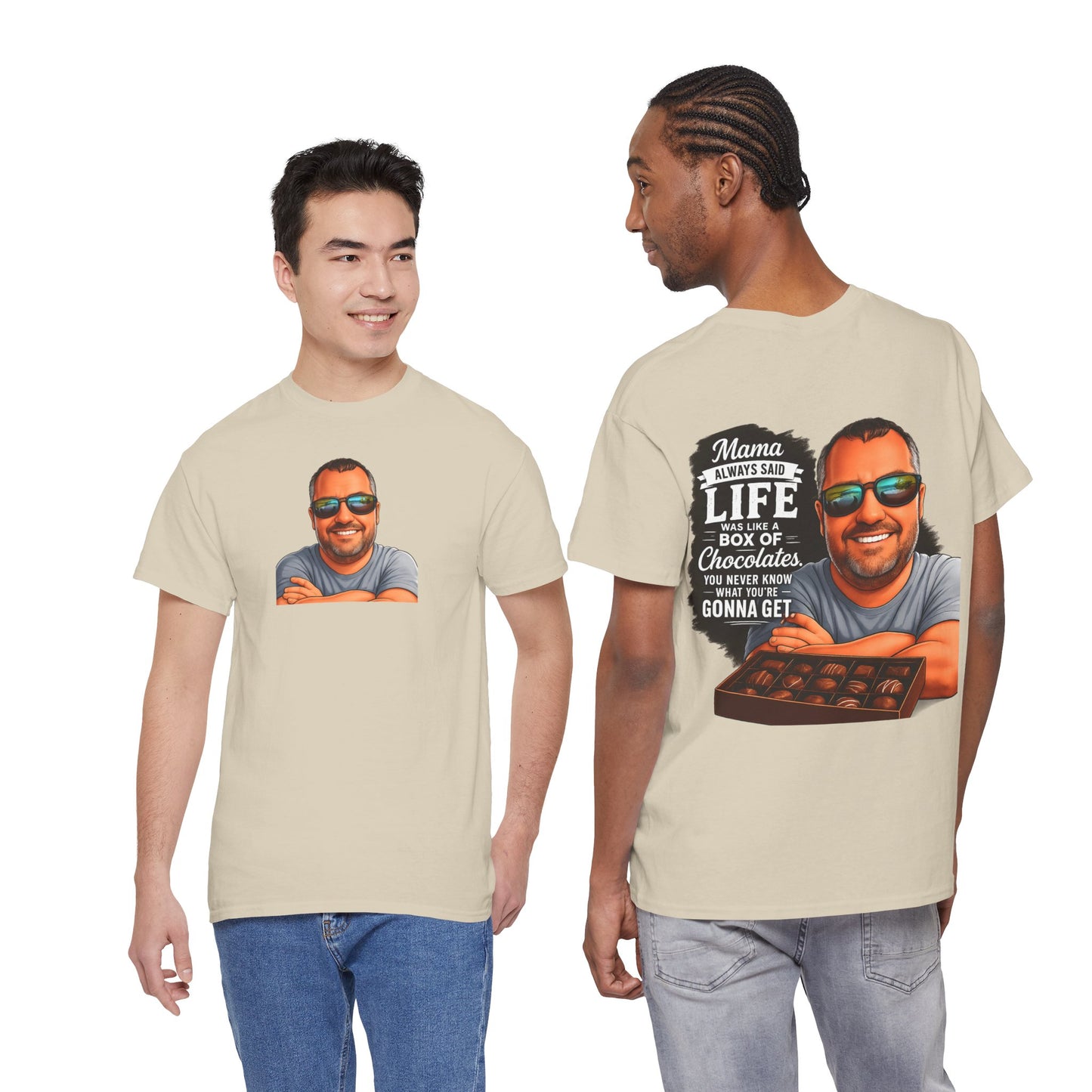 T-Shirt — "Mama Always Said Life Is Like A Box Of Chocolates" Graphic Tee (Funny Retro Portrait)