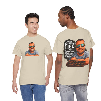 T-Shirt — "Mama Always Said Life Is Like A Box Of Chocolates" Graphic Tee (Funny Retro Portrait)