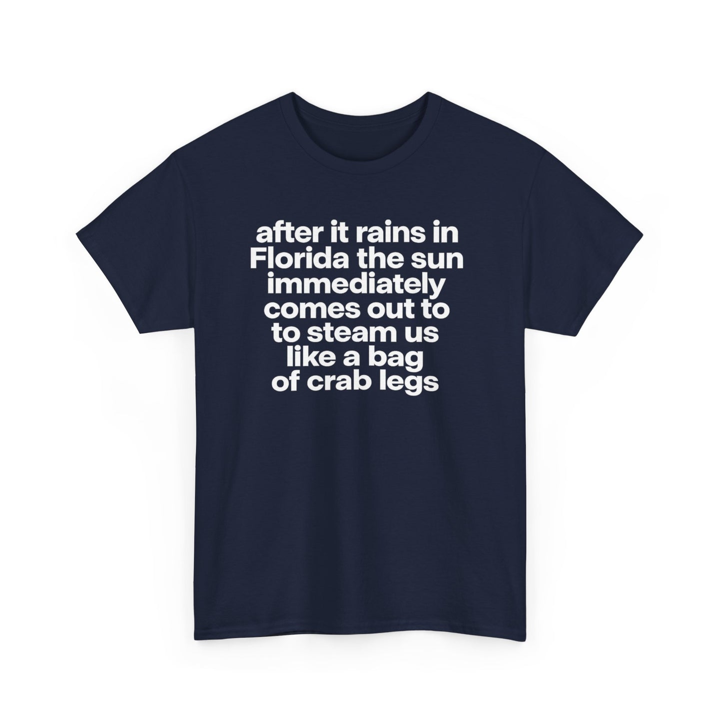 T-Shirt — "after it rains in Florida the sun immediately comes out to steam us like a bag of crab legs" Funny Florida Weather Tee