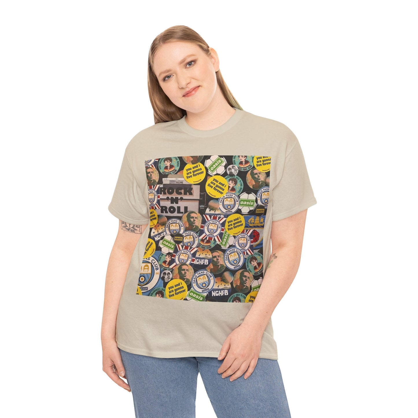 Oasis Rock & Roll Retro Button Collage Tee