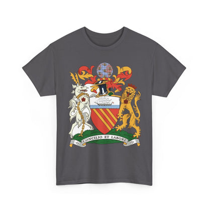 Manchester Coat of Arms Crest T‑Shirt — Heraldic Family Shield Tee with 'Concilio et Labore' Banner