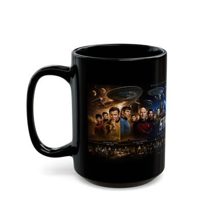 Star Trek Collage Black Mug — Sci‑Fi Crew Montage Coffee Cup (11oz/15oz)