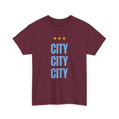 Manchester City City City Tee — Minimal Skyline Graphic T‑Shirt with Three Stars