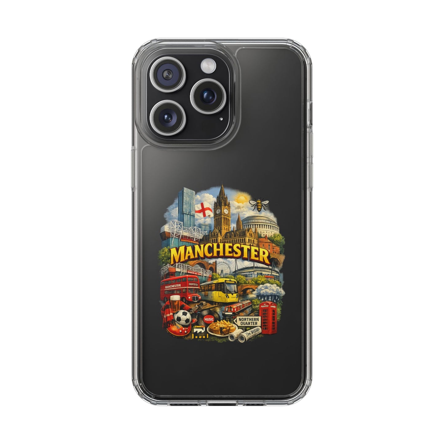 Manchester Landmark Clear Phone Case — Cityscape Collage Design