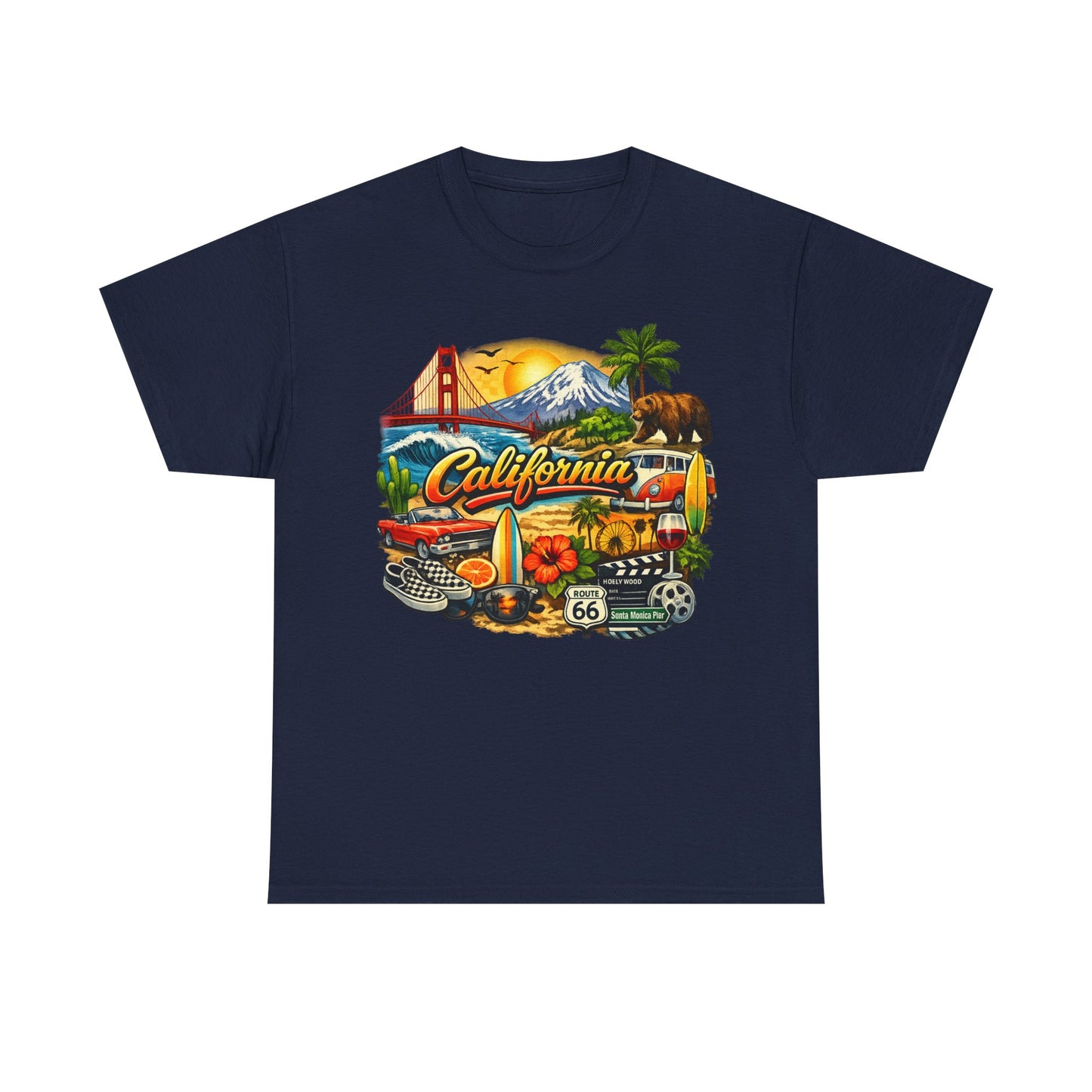 California Vintage Travel T-Shirt — Golden Gate, Palm Trees & Route 66 Tee