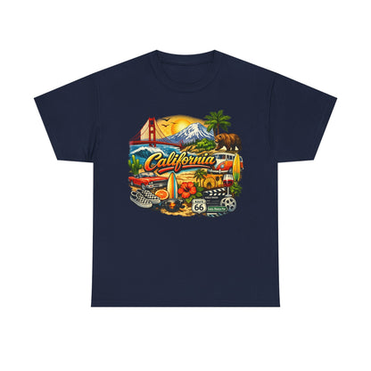 California Vintage Travel T-Shirt — Golden Gate, Palm Trees & Route 66 Tee