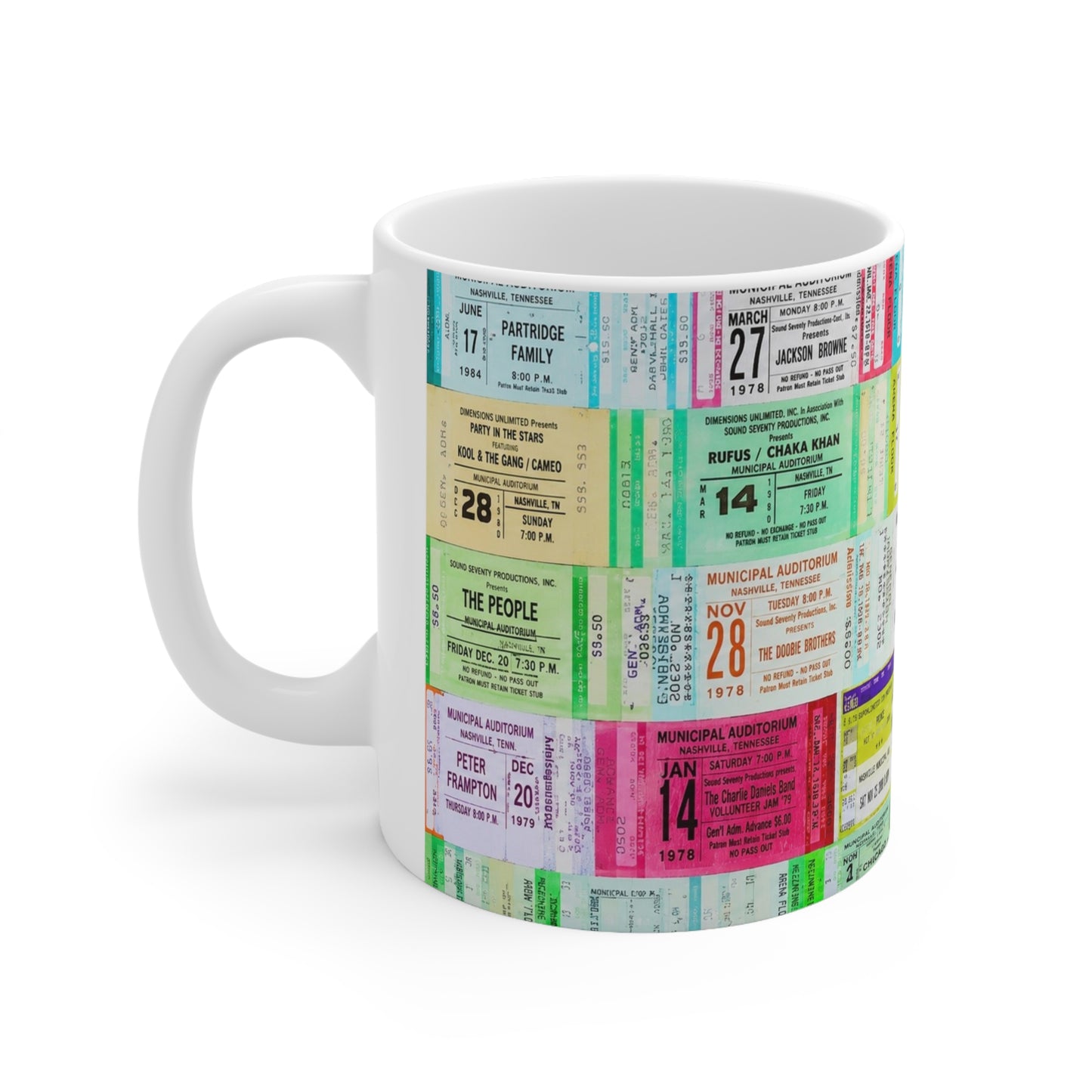 Vintage Concert Ticket Collage Mug — Retro Music Memorabilia Ceramic Coffee Cup