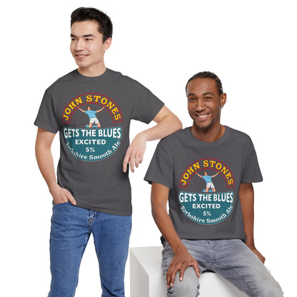 John Stones T-Shirt — "Gets The Blues Excited" Retro Ale Parody Tee
