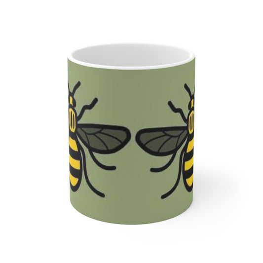 Manchester Bee Pattern Ceramic Mug — Green Bee Coffee Cup (11oz & 15oz)