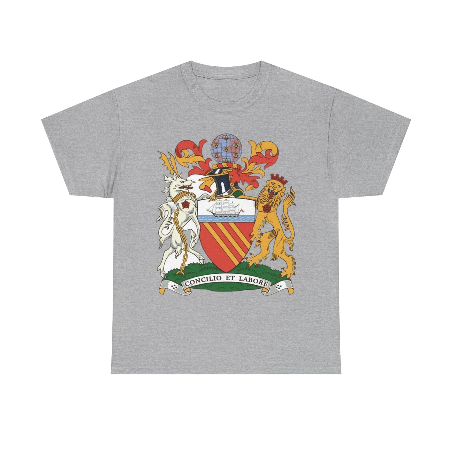 Manchester Coat of Arms Crest T‑Shirt — Heraldic Family Shield Tee with 'Concilio et Labore' Banner