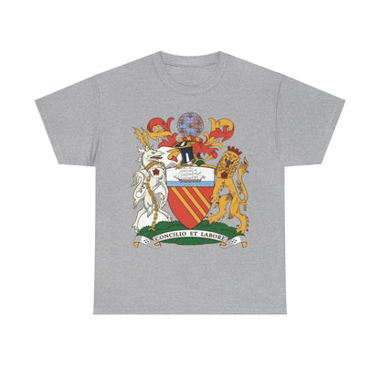 Manchester Coat of Arms Crest T‑Shirt — Heraldic Family Shield Tee with 'Concilio et Labore' Banner
