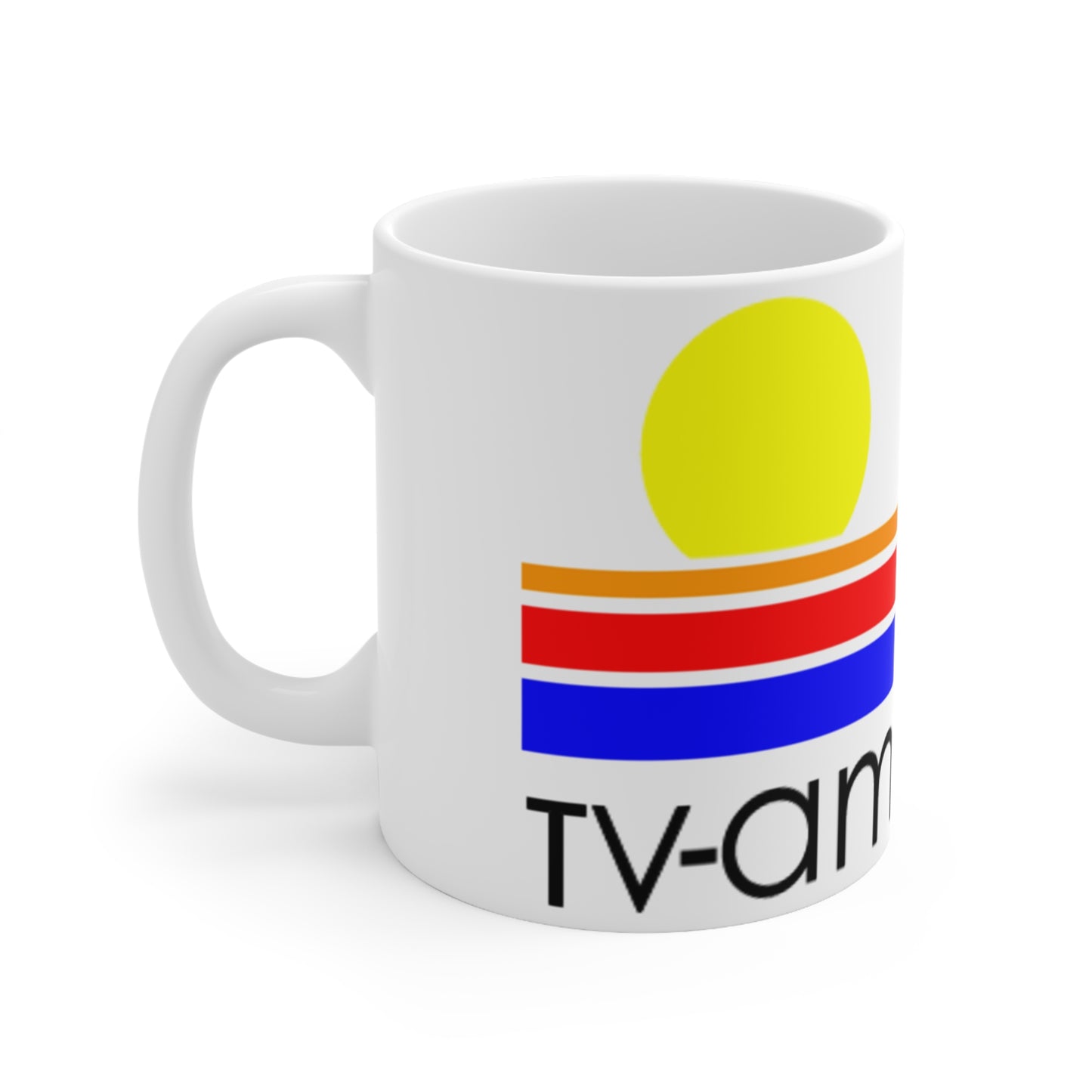 Retro Sunrise TV-AM Ceramic Mug — Vintage 80s Striped Logo Coffee Cup (11oz, 15oz)