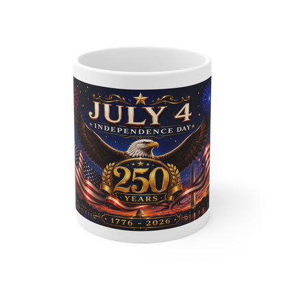 July 4th Independence Day America 250 Years Coffee Mug — Patriotic Eagle & Flags (11oz/15oz)