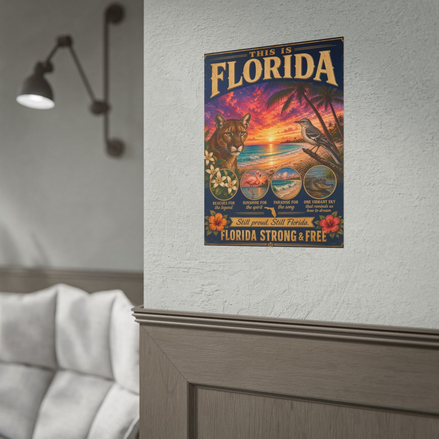 Florida Tropical Wildlife Sunset Poster — Cougar, Flamingo & Beach Scenic Rolled Print