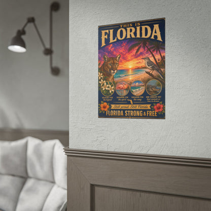 Florida Tropical Wildlife Sunset Poster — Cougar, Flamingo & Beach Scenic Rolled Print