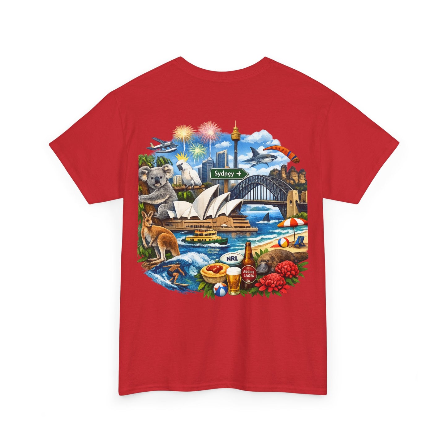 T-Shirt — Sydney Landmark Collage Tee (Opera House, Harbour Bridge, Koala & Beach Scene)