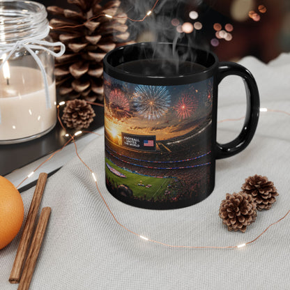 World Cup 2026 Patriotic Stadium Fireworks Black Mug — American Flag Football Game Coffee Cup (11oz/15oz)