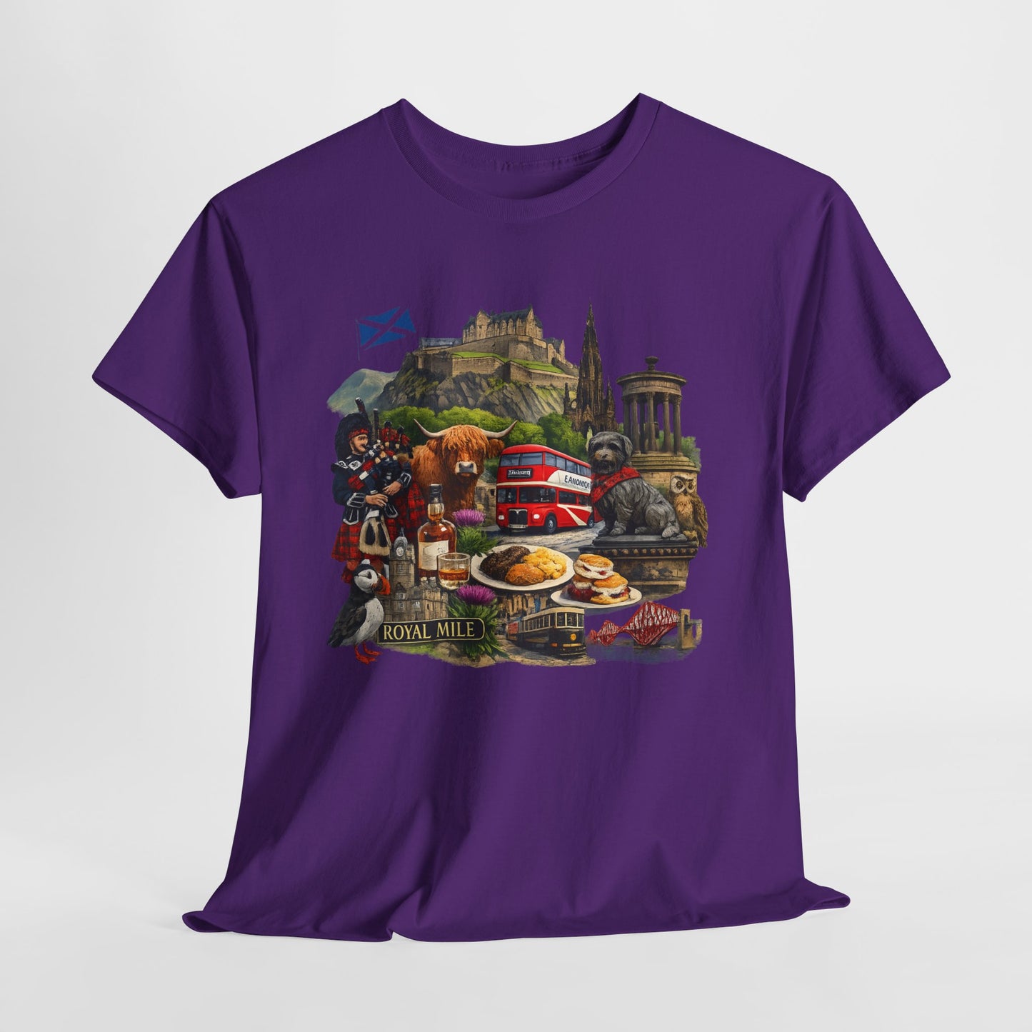 Scotland / Edinburgh Travel Collage T-Shirt — Edinburgh Castle, Bagpipes & Local Icons