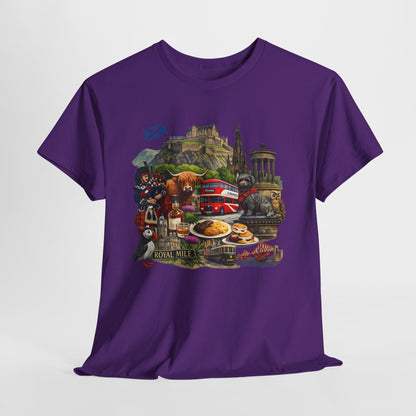 Scotland / Edinburgh Travel Collage T-Shirt — Edinburgh Castle, Bagpipes & Local Icons