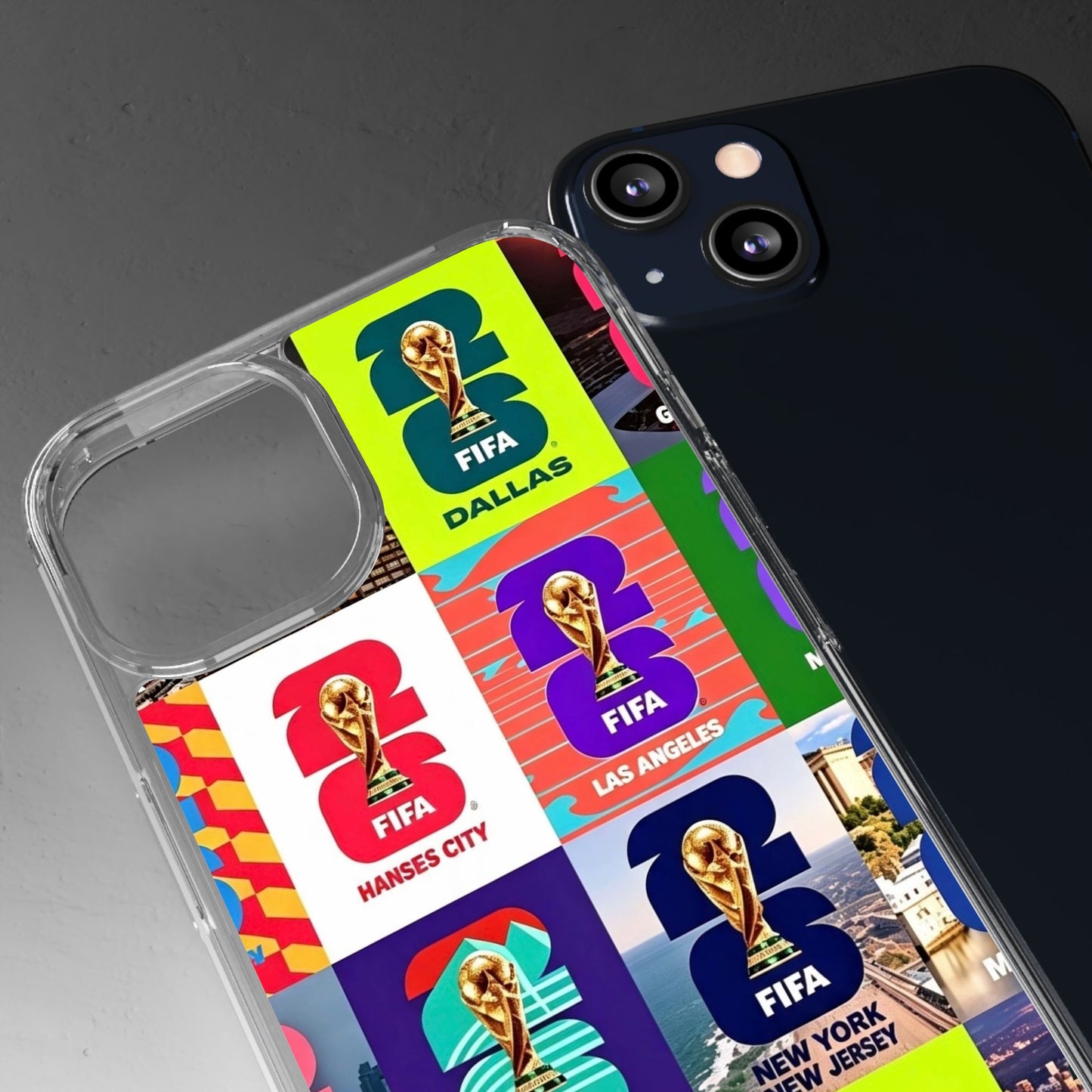 FIFA World Cup Pop Art Clear Phone Case — City Badge Collage (Dallas, LA, Monterrey, Toronto, Seattle)