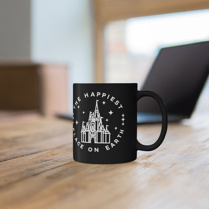 Black Castle Mug — "The Happiest Place on Earth" Ceramic Coffee Cup (11oz/15oz)