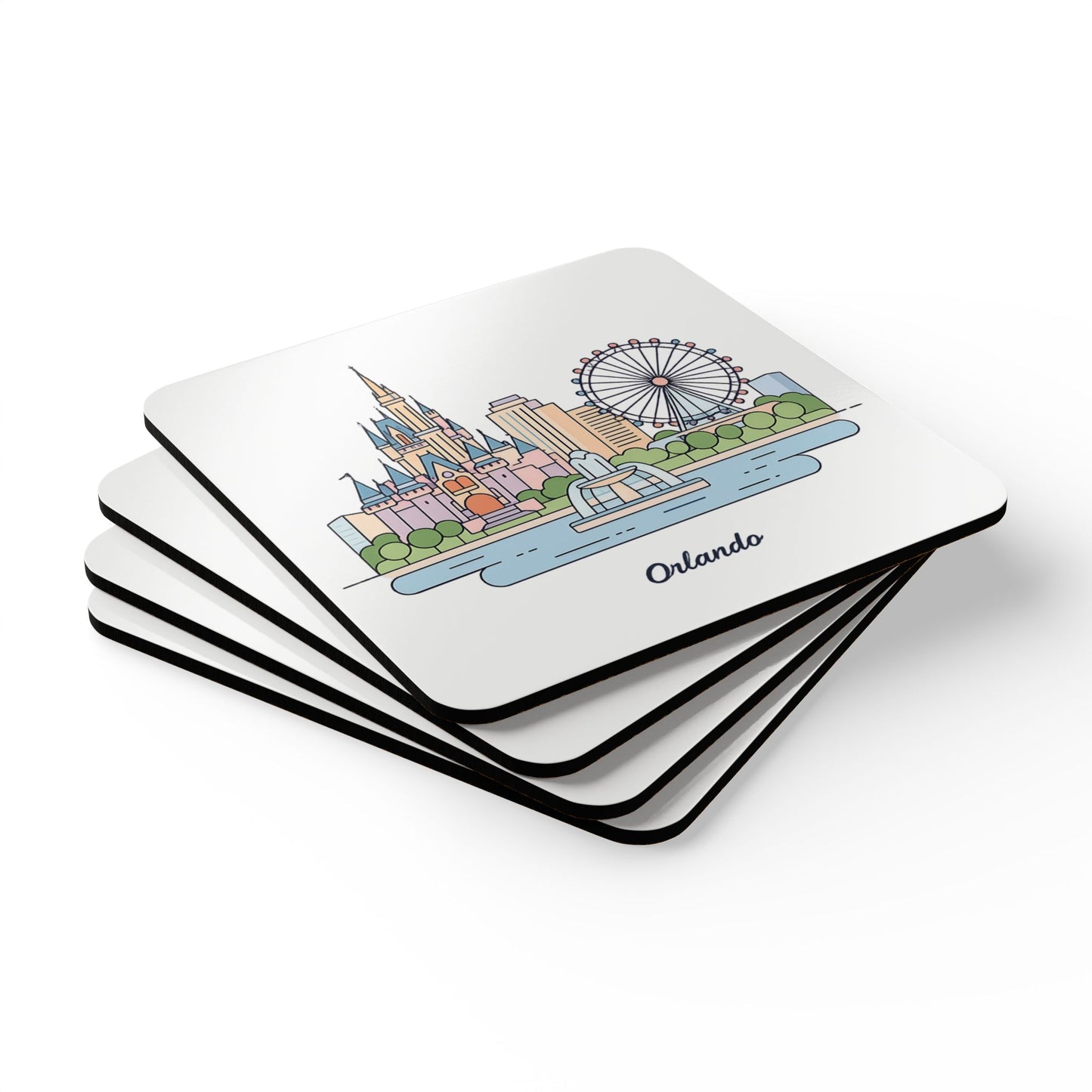 Orlando Skyline Cork Coaster Set – Illustrated Cityscape Drink Coasters (4-Pack)