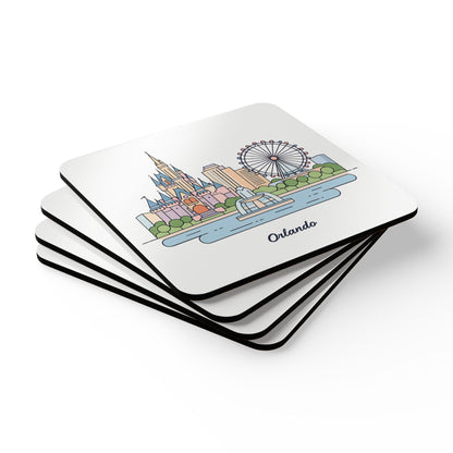 Orlando Skyline Cork Coaster Set – Illustrated Cityscape Drink Coasters (4-Pack)