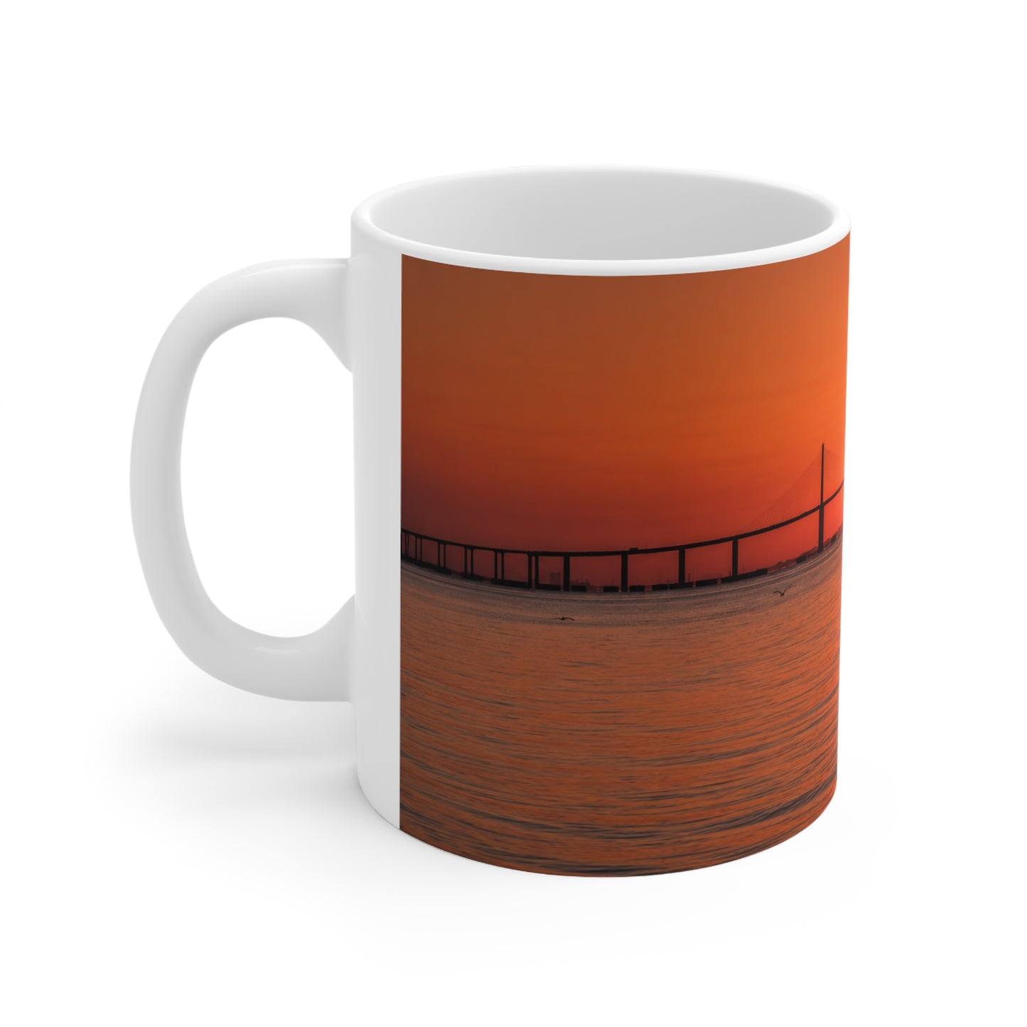 Skyway Sunset Bridge Ceramic Coffee Mug — Orange Seascape 11oz & 15oz