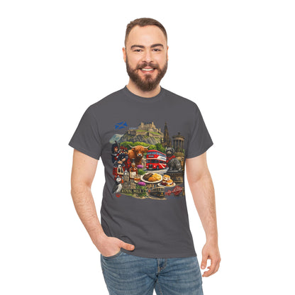 Scotland / Edinburgh Travel Collage T-Shirt — Edinburgh Castle, Bagpipes & Local Icons