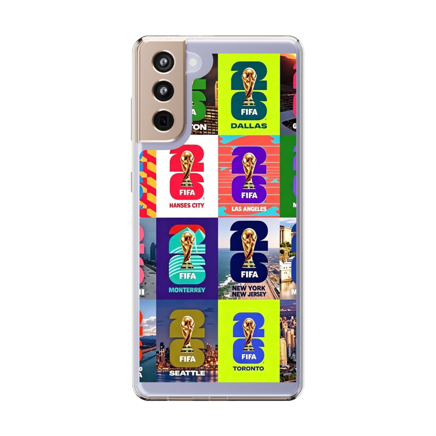 FIFA World Cup Pop Art Clear Phone Case — City Badge Collage (Dallas, LA, Monterrey, Toronto, Seattle)