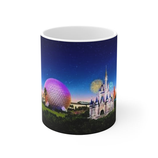 Disney Parks Night Skyline Ceramic Mug — Castle & Epcot Sphere Coffee Cup (11oz/15oz)