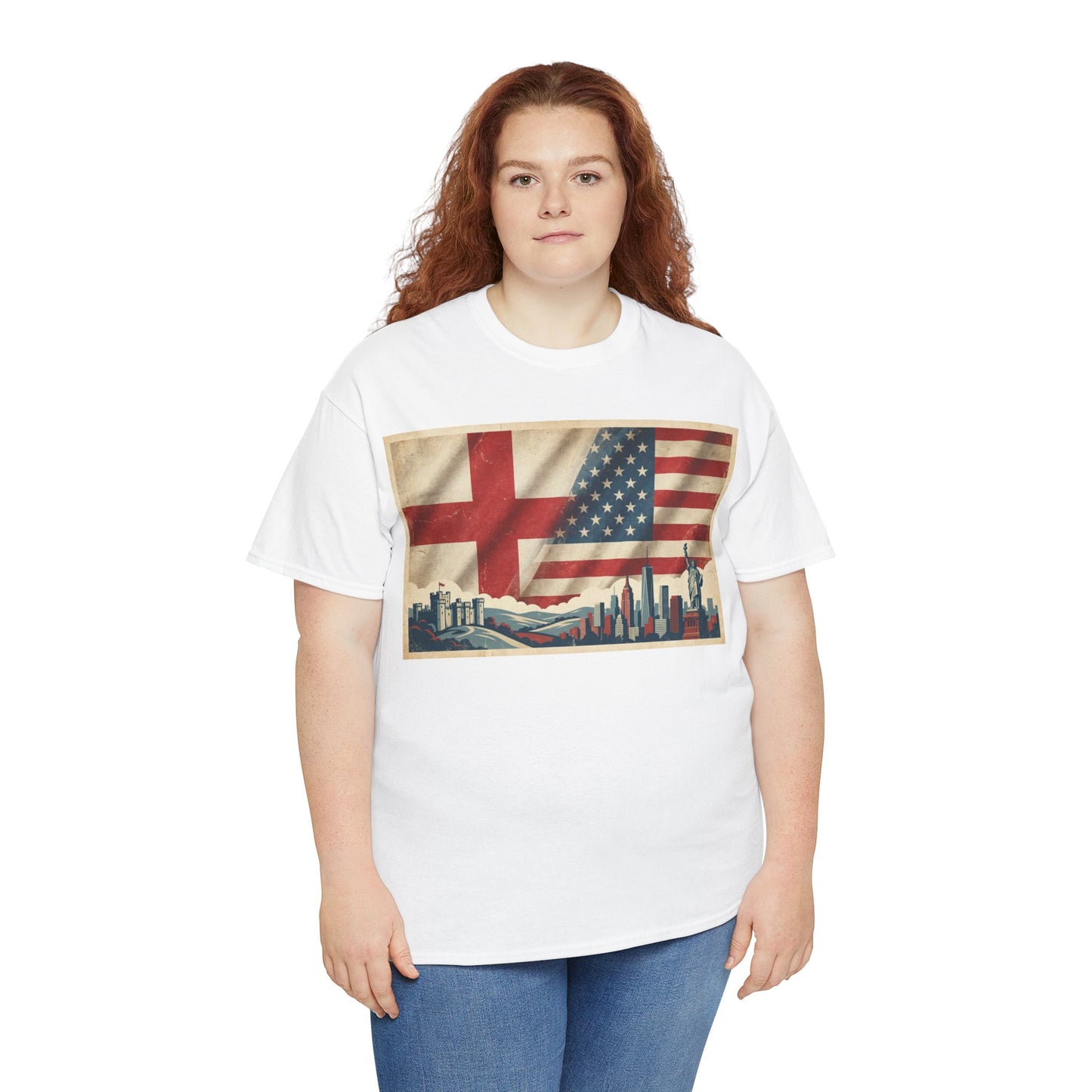 England + USA Flag Skyline T-Shirt — Vintage London & New York City Pride Tee