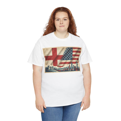 England + USA Flag Skyline T-Shirt — Vintage London & New York City Pride Tee