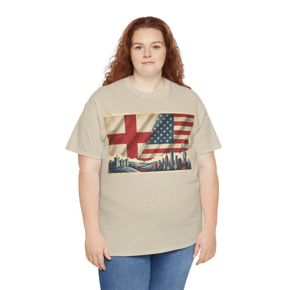 England + USA Flag Skyline T-Shirt — Vintage London & New York City Pride Tee