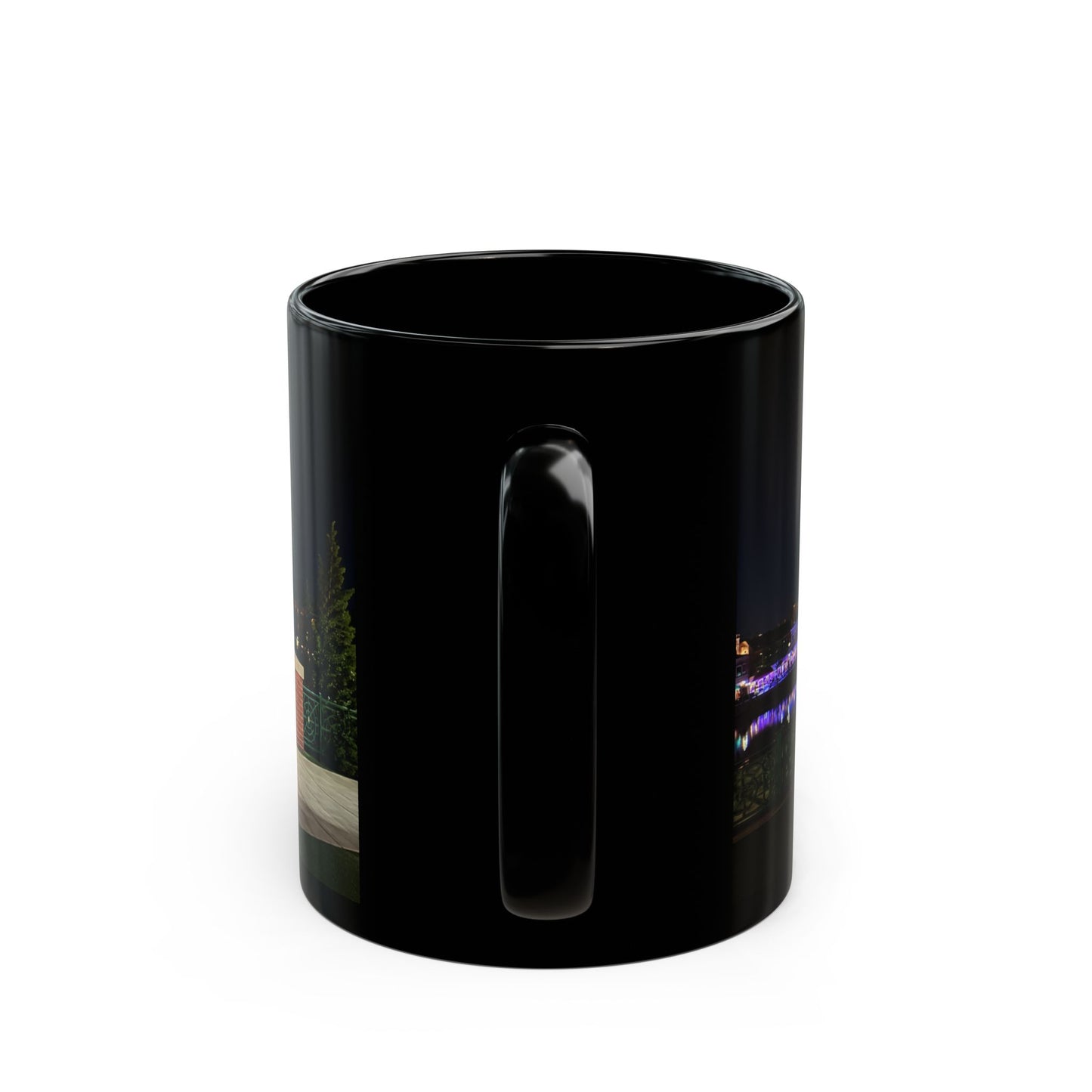 The Simpsons Photo Mug — University Statue & Campus Lights (Black 11oz/15oz)