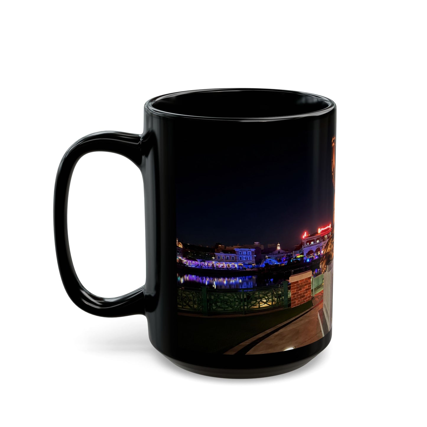 The Simpsons Photo Mug — University Statue & Campus Lights (Black 11oz/15oz)
